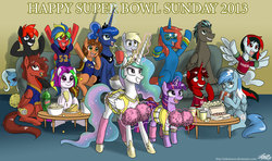 Size: 1800x1064 | Tagged: safe, artist:johnjoseco, derpy hooves, princess celestia, princess luna, trixie, twilight sparkle, oc, pegasus, pony, g4, female, mare, sports, super bowl