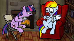 Size: 1024x576 | Tagged: safe, rainbow dash, twilight sparkle, a beautiful day in equestria, rainbow dash presents, g4, chair