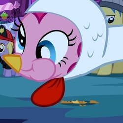 Size: 641x640 | Tagged: safe, screencap, dinky hooves, goldengrape, pinkie pie, sir colton vines iii, g4, luna eclipsed, season 2, animal costume, chicken pie, chicken suit, clothes, costume, derp, firefighter, nightmare night costume, puffy cheeks, solo focus