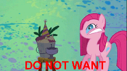 Size: 683x384 | Tagged: safe, mr. turnip, pinkie pie, earth pony, pony, g4, do not want, faicamena, female, gif, hat, mare, mouth on side of face, non-animated gif, party hat, pinkamena diane pie, stool, twitch