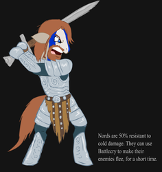 Size: 850x900 | Tagged: safe, artist:glue123, earth pony, pony, armor, beard, bipedal, black background, dexterous hooves, facial hair, hoof hold, human pose, male, nord, ponified, simple background, skyrim, solo, stallion, sword, the elder scrolls, weapon
