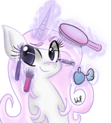 Size: 528x586 | Tagged: safe, artist:blup-chan, fleur-de-lis, pony, g4, brush, female, makeup, perfume, simple background, solo, transparent background