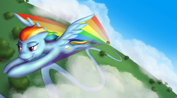 Size: 1024x569 | Tagged: safe, artist:shrineheart, rainbow dash, pegasus, pony, g4, flying, shrineheart, sonic rainboom