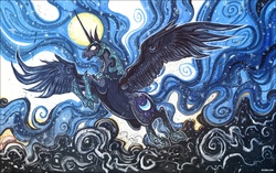Size: 1351x850 | Tagged: dead source, safe, artist:kiriska, nightmare moon, pony, g4, armor, daily deviation, epic, ethereal mane, female, flying, full moon, glowing eyes, horn, moon, open mouth, realistic, sharp horn, solo, spread wings, traditional art