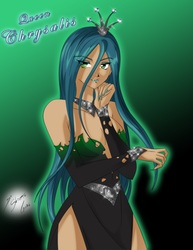 Size: 3052x3951 | Tagged: safe, artist:shinta-girl, queen chrysalis, human, g4, bare shoulders, clothes, dress, female, gradient background, humanized, solo