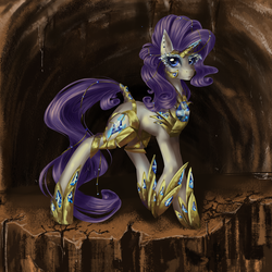 Size: 2000x2000 | Tagged: safe, artist:quennyqueen, rarity, pony, unicorn, g4, armor, armorarity, cave, female, solo