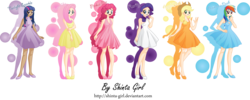 Size: 7103x2852 | Tagged: safe, artist:shinta-girl, applejack, fluttershy, pinkie pie, rainbow dash, rarity, twilight sparkle, human, g4, cleavage, clothes, dark skin, dress, female, humanized, mane six, simple background, skinny, thin, transparent background