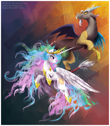 Size: 1704x1944 | Tagged: safe, artist:stepandy, discord, princess celestia, alicorn, draconequus, pony, g4, female, male, ship:dislestia, shipping, straight