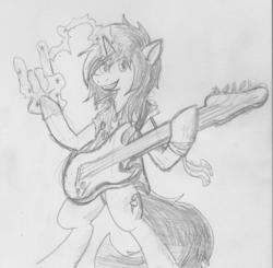 Size: 1280x1252 | Tagged: artist needed, safe, oc, oc only, pony, unicorn, 30 minute art challenge, bipedal, electric guitar, guitar, horn, looking at you, monochrome, musical instrument, traditional art, unicorn oc
