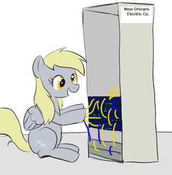 Size: 703x717 | Tagged: safe, derpy hooves, pegasus, pony, g4, context in description, derpy hooves tech support, female, mare, power outage, sitting, smiling, solo