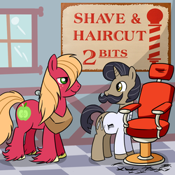 Size: 1000x1000 | Tagged: safe, artist:madmax, big macintosh, oc, oc:sweeney trott, earth pony, pony, g4, barber, male, moustache, shave and a haircut, stallion, unshorn fetlocks