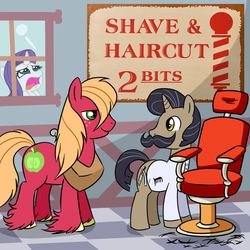 Size: 640x640 | Tagged: safe, artist:justbrie101, artist:madmax, edit, big macintosh, rarity, oc, oc:sweeney trott, earth pony, pony, g4, barber, long hair, male, moustache, shave and a haircut, stallion, unshorn fetlocks, why