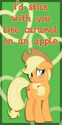 Size: 1024x2048 | Tagged: safe, artist:kurenai-hio, applejack, earth pony, pony, g4, blushing, card, hearts and hooves day, solo, valentine, valentine's day