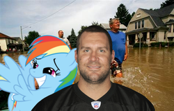 Size: 474x303 | Tagged: safe, rainbow dash, human, g4, american football, ben roethlisberger, findlay, irl, irl human, nfl, ohio, photo, pittsburgh steelers, ponies in real life, water