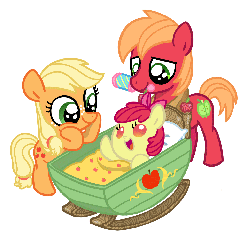 Size: 1034x992 | Tagged: safe, artist:773her, artist:rlyoff, apple bloom, applejack, big macintosh, earth pony, pony, g4, adorabloom, animated, apple family, apple siblings, applebetes, baby, baby pony, brother and sister, crib, cute, female, filly, jackabetes, macabetes, male, mouth hold, op is trying to murder us, rattle, siblings, simple background, sisters, sweet dreams fuel, trio, weapons-grade cute, white background, younger
