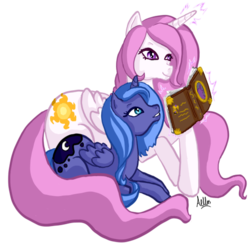 Size: 502x487 | Tagged: safe, artist:aellos, princess celestia, princess luna, alicorn, pony, g4, book, female, mare, pink-mane celestia, reading, royal sisters, siblings, simple background, sisters, transparent background, woona