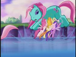 Size: 640x480 | Tagged: safe, screencap, minty, pinkie pie (g3), tiddly wink, tra-la-la, zipzee, breezie, g3, the runaway rainbow, carrying, flying, river, waterfall