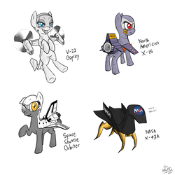 Size: 2000x2000 | Tagged: artist needed, safe, oc, oc only, original species, plane pony, pony, helicopter, high res, nasa, no face, north american x-15, plane, ponified, raised hoof, simple background, space shuttle, v-22 osprey, white background, wink, x-43a