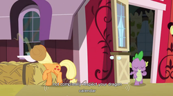 Size: 847x471 | Tagged: safe, screencap, applejack, spike, earth pony, pony, g4, spike at your service, female, mare, youtube caption