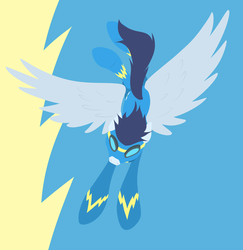 Size: 1024x1052 | Tagged: safe, artist:mykegreywolf, soarin', pegasus, pony, g4, flying, goggles, hooves, lineless, male, minimalist, solo, spread wings, stallion, wings, wonderbolts, wonderbolts uniform