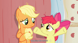 Size: 848x468 | Tagged: safe, edit, edited screencap, screencap, apple bloom, applejack, earth pony, pony, apple family reunion, g4, bed, caption, female, filly, mare, on back, pillow, youtube caption