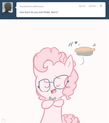 Size: 660x745 | Tagged: safe, artist:nolycs, pinkie pie, ask pinkie and berry, g4, ask, bowtie, bubble berry, equation, glasses, pie, rule 63, tumblr