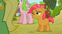 Size: 848x469 | Tagged: safe, screencap, apple cinnamon, babs seed, red gala, wensley, earth pony, pony, apple family reunion, g4, duckface, female, filly, foal, male, stallion, youtube caption