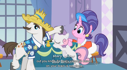 Size: 850x473 | Tagged: safe, edit, edited screencap, screencap, cookie crumbles, hondo flanks, sweetie belle, pony, unicorn, g4, sisterhooves social, caption, clothes, eyes closed, female, filly, head pat, male, mare, rarity's parents, ship:cookieflanks, stallion, youtube caption