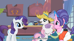 Size: 849x473 | Tagged: safe, edit, edited screencap, screencap, cookie crumbles, rarity, sweetie belle, pony, unicorn, g4, sisterhooves social, caption, clothes, eyes closed, female, filly, male, mare, stallion, youtube caption