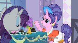 Size: 849x467 | Tagged: safe, edit, edited screencap, screencap, cookie crumbles, rarity, pony, unicorn, g4, sisterhooves social, caption, clothes, female, mare, youtube caption