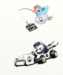 Size: 1100x1300 | Tagged: dead source, safe, artist:php2, rainbow dash, rarity, lakitu, g4, go-kart, mario kart, parody, super mario