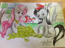 Size: 2048x1529 | Tagged: artist needed, safe, oc, oc only, alicorn, pony, unicorn, alicorn oc, bits, money