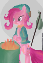 Size: 700x1024 | Tagged: safe, artist:snus-kun, pinkie pie, friendship is witchcraft, g4, bindle, bipedal, clothes, feels, fire, hobo, homeless, orphan, sad, trash can