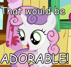Size: 760x720 | Tagged: safe, screencap, sweetie belle, g4, just for sidekicks, :d, all caps, comic sans, cropped, cute, happy, image macro, open mouth, open smile, smiling, solo, text