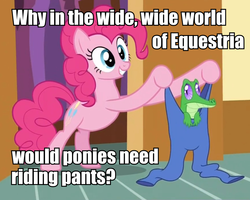 Size: 960x767 | Tagged: safe, gummy, pinkie pie, g4, clothes, image macro, pants, riding pants