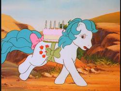 Size: 640x480 | Tagged: safe, screencap, cupcake (g1), g1, my little pony 'n friends, the end of flutter valley, bow, cake, chocolate cake, running, scared