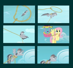 Size: 1000x939 | Tagged: safe, fluttershy, rainbow dash, twilight sparkle, g4, official, cloud, discorded, flying, hot air balloon, rope, sky, tied up, twinkling balloon, william bradford
