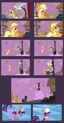 Size: 835x1600 | Tagged: safe, edit, edited screencap, screencap, applejack, discord, twilight sparkle, draconequus, earth pony, pony, unicorn, g4, official, comic, female, mare, screencap comic, william bradford