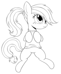 Size: 821x1000 | Tagged: safe, artist:kas92, artist:xn-d, applejack, earth pony, pony, g4, alternate hairstyle, clothes, featureless crotch, female, lineart, mare, monochrome, on back, ponytail, scrunchy face, simple background, sketch, solo, sweater, white background