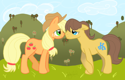 Size: 900x579 | Tagged: safe, artist:badkittyxx, applejack, caramel, earth pony, pony, g4, female, male, ship:carajack, shipping, stallion, straight