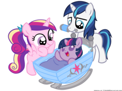Size: 4800x3600 | Tagged: safe, artist:773her, artist:beavernator, edit, princess cadance, shining armor, twilight sparkle, alicorn, pony, unicorn, g4, baby, baby pony, babylight sparkle, colt, colt shining armor, cooing, cradle, female, filly, filly cadance, foal, male, newborn, simple background, transparent background, trio, younger
