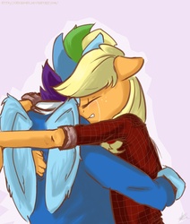Size: 770x910 | Tagged: safe, artist:nolycs, applejack, rainbow dash, anthro, g4, clothes, comforting, crying, crying on the outside, female, half r63 shipping, hoodie, hug, male, plaid shirt, rainbow blitz, rule 63, ship:appleblitz, ship:appledash, shipping, straight