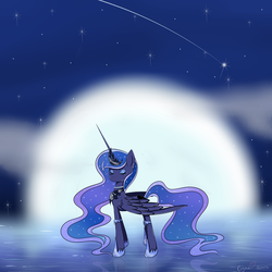 Size: 4800x4800 | Tagged: safe, artist:nekoangel0214, princess luna, pony, g4, absurd resolution, female, moon, reflection, shooting star, solo