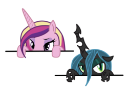 Size: 1140x815 | Tagged: safe, artist:zkulldefence, princess cadance, queen chrysalis, alicorn, changeling, changeling queen, pony, g4, female, peeking, simple background, transparent background