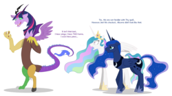 Size: 2000x1120 | Tagged: safe, artist:shadowolfozo, princess celestia, princess luna, twilight sparkle, alicorn, draconequus, pony, g4, magical mystery cure, bad end, bipedal, cloven hooves, colored sclera, dialogue, draconequified, ethereal mane, female, green sclera, mare, mismatched horns, simple background, starry mane, transparent background, trio, twikonequus, what has magic done, xk-class end-of-the-world scenario
