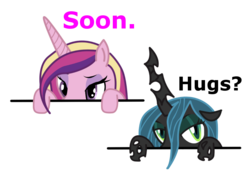 Size: 800x572 | Tagged: safe, princess cadance, queen chrysalis, alicorn, pony, g4, bedroom eyes, cute, cutealis, cutedance, duo, duo female, eyeshadow, female, hug, image macro, looking at you, peekaboo, peeking, simple background, soon, transparent background