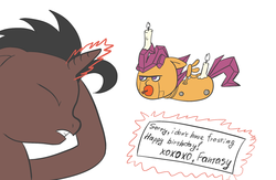 Size: 1280x832 | Tagged: safe, scootaloo, oc, oc:loki, oc:loki ebonhoof, pony, robot, unicorn, g4, apple, apple gag, candle, food, gag, scootabot