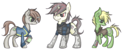 Size: 861x355 | Tagged: safe, artist:whispir, oc, oc only, oc:blackjack, oc:littlepip, oc:murky, cyborg, pony, unicorn, fallout equestria, fallout equestria: murky number seven, fallout equestria: project horizons, amputee, clothes, cybernetic legs, fanfic, fanfic art, female, horn, jumpsuit, male, mare, pipbuck, simple background, stallion, transparent background, vault suit