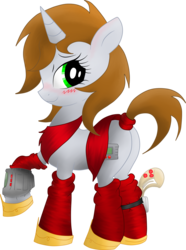 Size: 4398x5908 | Tagged: safe, artist:jetwave, oc, oc only, oc:littlepip, pony, unicorn, fallout equestria, absurd resolution, bedroom eyes, blushing, butt, clothes, fanfic, fanfic art, female, gun, handgun, hooves, horn, little macintosh, mare, pipbuck, plot, revolver, simple background, smiling, socks, solo, transparent background, weapon