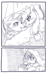 Size: 600x941 | Tagged: safe, artist:kolshica, applejack, rarity, twilight sparkle, friendship is witchcraft, g4, bed, black and white, blushing, fanfic, female, grayscale, lesbian, pixiv, read it and sleep, ship:rarijack, shipper on deck, shipping